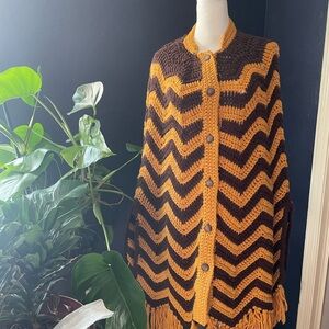 Vintage Handmade Crochet Chevron Poncho Cardigan | 1970s Boho Fringe Sweater